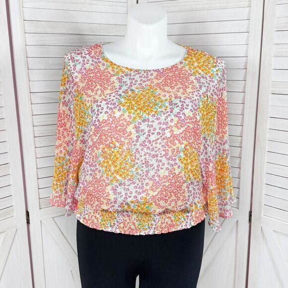 Sam & Jess Floral Butterfly Sleeve Smocked Waist Blouse Pink Multi Large - Picture 1 of 14